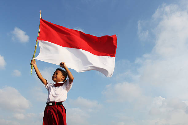 bandera indonesia - child patriotism saluting flag fotografías e imágenes de stock