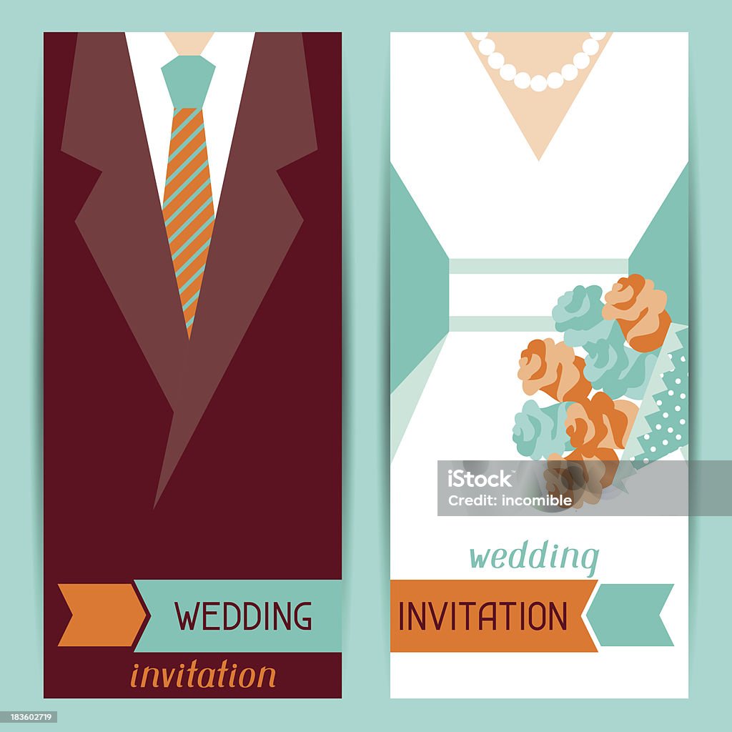 Matrimonio invito in verticale carte in stile retrò. - arte vettoriale royalty-free di Abito da sposa