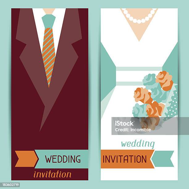 Matrimonio Invito In Verticale Carte In Stile Retrò - Immagini vettoriali stock e altre immagini di Abito da sposa