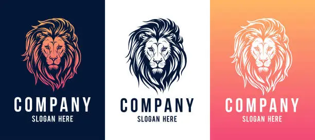 Vector illustration of Lion face front view vector art image business company logo template, brand identity logotype on white and dark backgrounds.