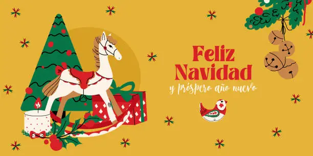 Vector illustration of Feliz Navidad vector modern lettering for Spanish Merry Christmas holiday banner or card. Horse toy and fir tree, bell, candle and gift box on yellow background. Flat style illustration for headers, website, poster, invitation
