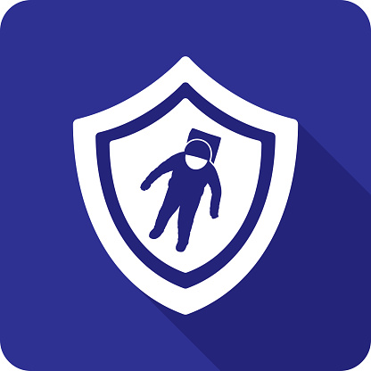 Vector illustration of a shield with spaceman icon against a blue background in flat style.