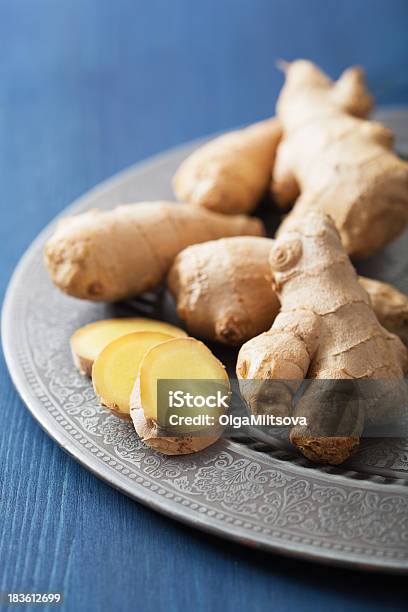 Fresh Ginger On Vintage Plate Stock Photo - Download Image Now - Asian Culture, Asian Food, Blue