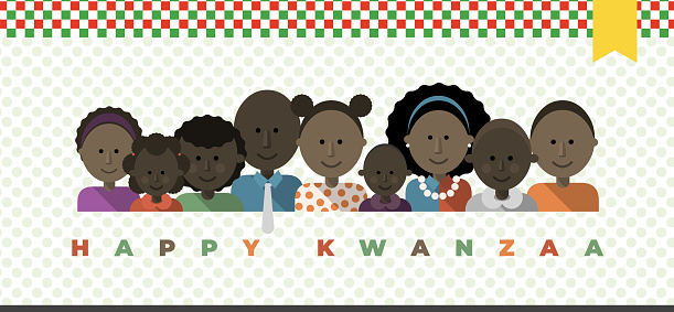 Happy family members gathered for Kwanzaa. Happy Kwanzaa text.