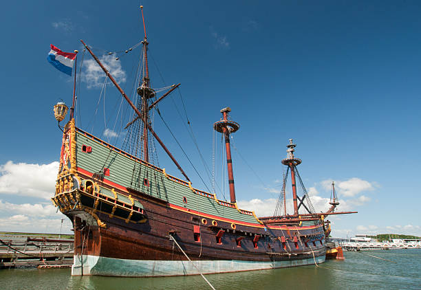 istock Overview of ancient Batavia warship in the harbor 183625617