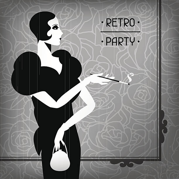 ilustraciones, imágenes clip art, dibujos animados e iconos de stock de fondo retro fiesta con hermosa chica estilo de la década de 1920. - 1920s style illustrations