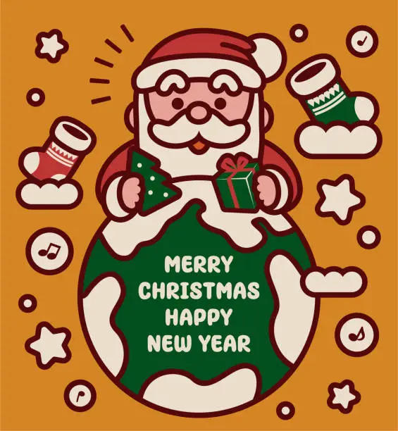 Vector illustration of Adorable Santa Claus sending Christmas gifts to Earth Planet, wishing everyone a Merry Christmas and a Happy New Year
