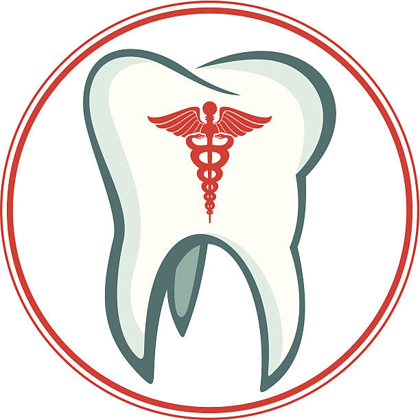 designed tooth designed tooth with caduceus (medical symbol) sign in red circles cartoon of caduceus medical symbol stock illustrations