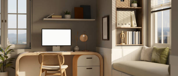 istock Interior design of a modern and comfortable living room with a computer desk with a computer mockup. 1836357571
