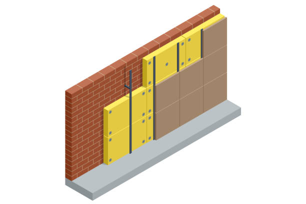 ilustraciones, imágenes clip art, dibujos animados e iconos de stock de aislamiento térmico externo isométrico de pared de ladrillo. eficiencia energética de las viviendas. mejore la eficiencia energética de su casa, ahorre en costos de energía, invierta en mantener el valor y el confort de vida de su - recubrimiento capa exterior