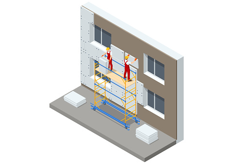 Isometric External Wall Insulation System, Building Facade Insulation Works. Styrofoam facade layers. Worker in Hardhat Holding Outdoor Wall Tile.