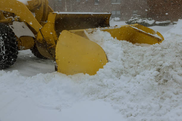 este camión quitanieves retira la nieve del estacionamiento durante una fuerte nevada - snowplow snow parking lot truck fotografías e imágenes de stock