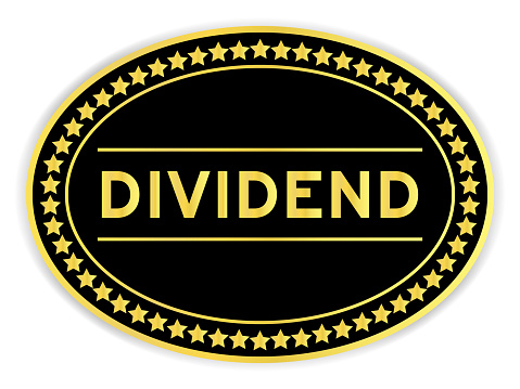 Black and gold color oval label sticker with word dividend on white background