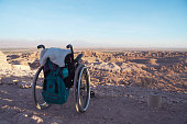 Wheelchair in the rock formations of the Valley of the Moon in Atacama