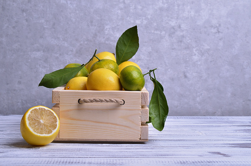 lemon fruits in branches and leaves of lemon tree on rustic wooden table