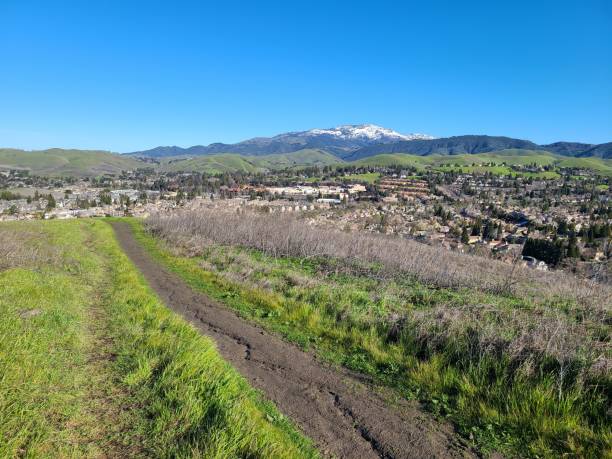 views of snowy mt diablo on the diablo vista trail in san ramon, california - mt diablo state park california san francisco bay area suburb imagens e fotografias de stock