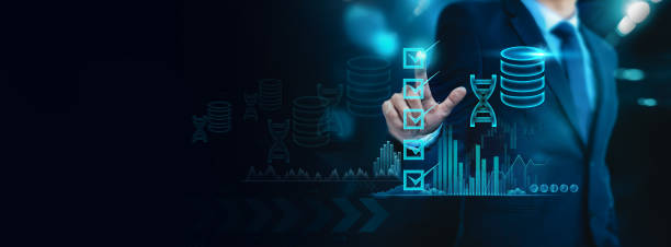 istock Businessman check using data science for online evaluation of businesses through a virtual interface, incorporating communication technology concepts. 1836435733