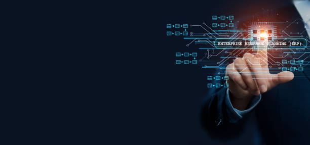 istock Businessman hand touching virtual graphical interface of Enterprise Resource Planning (ERP) solution. Idea for streamlined operations and efficient resource management in a global business concept. 1836446647