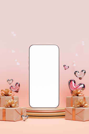 pink colored background of the smartphone mock-up with a heart shape, 3d rendering