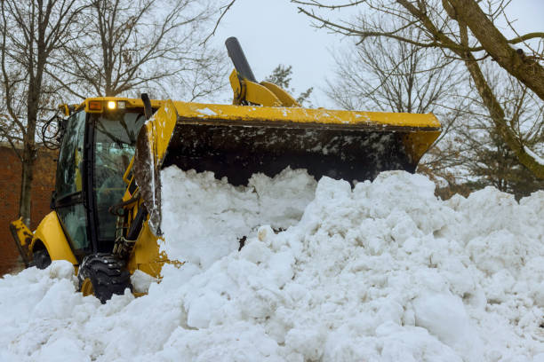 es común que las máquinas quitanieves quiten la nieve de los estacionamientos después de una fuerte tormenta de nieve - snowplow snow parking lot truck fotografías e imágenes de stock