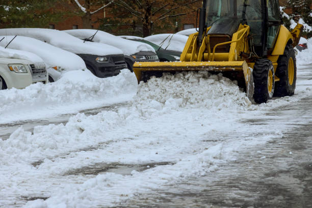 lodołamacz usuwa śnieg z parkingu po silnej burzy śnieżnej - snowplow snow parking lot pick up truck zdjęcia i obrazy z banku zdjęć