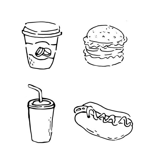 ilustrações, clipart, desenhos animados e ícones de conjunto de ícones de bebidas e fast food em estilo doodle - hamburger refreshment hot dog bun