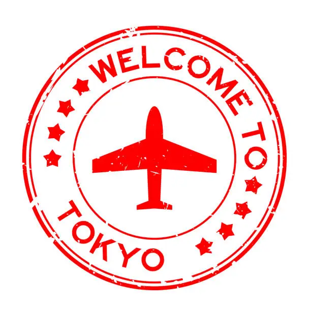 Vector illustration of Grunge green welcome to tokyo word with plane icon round rubber seal stamp on white background