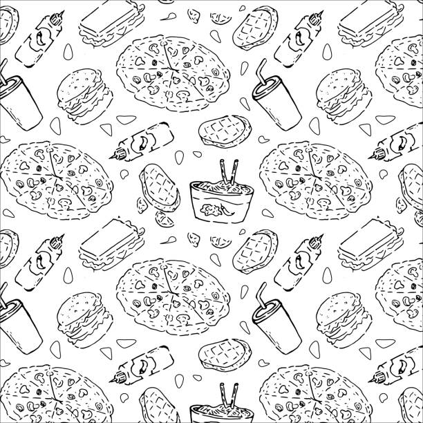 ilustrações, clipart, desenhos animados e ícones de fundo sem costura de fast food com pizza e carne bovina - hamburger refreshment hot dog bun