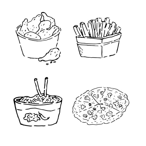 ilustrações, clipart, desenhos animados e ícones de conjunto de fast food de rua - chikens, pizza, macarrão - hamburger refreshment hot dog bun