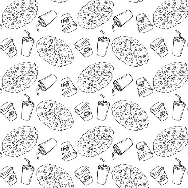 ilustrações, clipart, desenhos animados e ícones de pizza e bebidas sem costura padrão contorno - hamburger refreshment hot dog bun