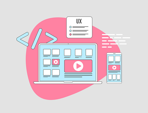 User Experience UX Design coding concept. Mobile and App Development. Responsive UI, Microinteractions, Voice User Interface, AI Integration, Personalization, Sustainability and Accessibility