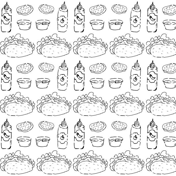 ilustrações, clipart, desenhos animados e ícones de fast food mexicano sem costura padrão com taco - hamburger refreshment hot dog bun