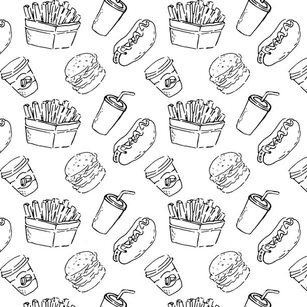 ilustrações, clipart, desenhos animados e ícones de padrão fast food com bebidas e alimentos - padrão - hamburger refreshment hot dog bun