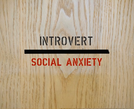 Wood wall with line bween text INTROVERT and SOCIAL ANXIETY, differences between introversion (recharge feel energized when they are alone) and social anxiety  (fear of social interactions)