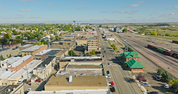 Aerial shot of Dickinson, a city in on the Great Plains in Stark County, North Dakota known for its strong ties to the energy industry, particularly oil and agriculture.