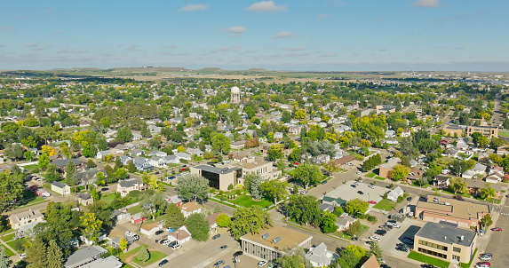 Aerial shot of Dickinson, a city in on the Great Plains in Stark County, North Dakota known for its strong ties to the energy industry, particularly oil and agriculture.