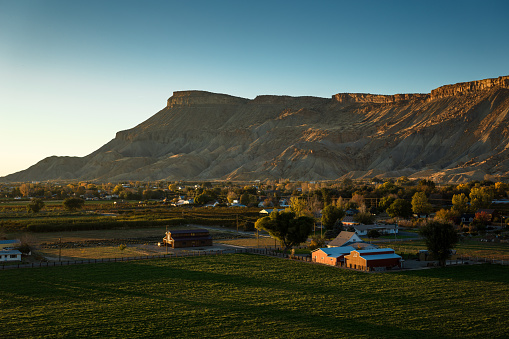 Aerial shot of farmhouses in Palisade, a small town in Mesa County, Colorado, on a clear day in Fall.