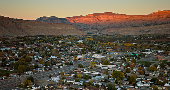 Aerial shot of Palisade, a small town in Mesa County, Colorado, on a clear day in Fall.