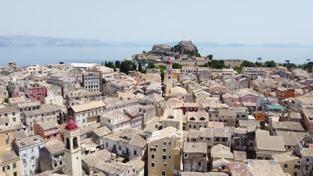 Corfu town skyline in Corfu island, Greece, Drone footage