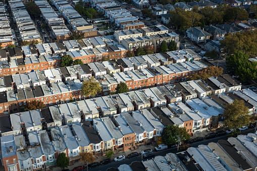 Aerial still image of the West Passyunk neighborhood in Philadelphia, Pennsylvania on an overcast day in Fall.\n\nAuthorization was obtained from the FAA for this operation in restricted airspace.