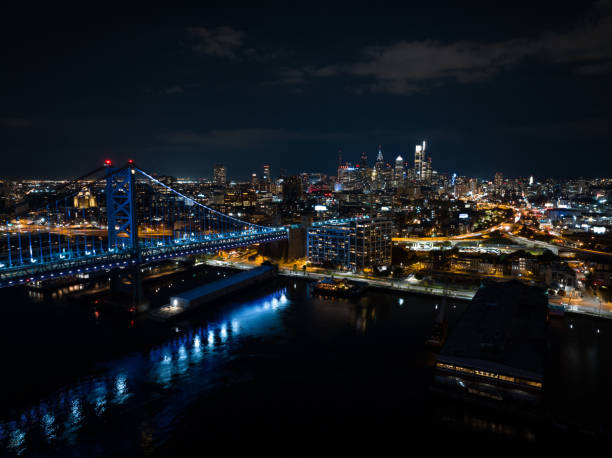Aerial still image of Benjamin Franklin Bridge with the Philadelphia skyline in the background, on an overcast night in Fall.\n\nAuthorization was obtained from the FAA for this operation in restricted airspace.