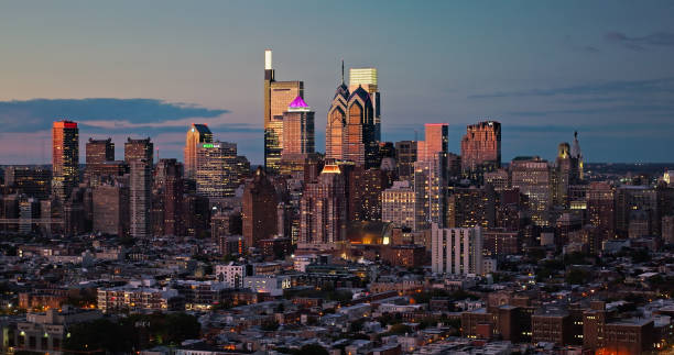 Downtown Philadelphia during an Overcast Sunset in Fall - Aerial Shot