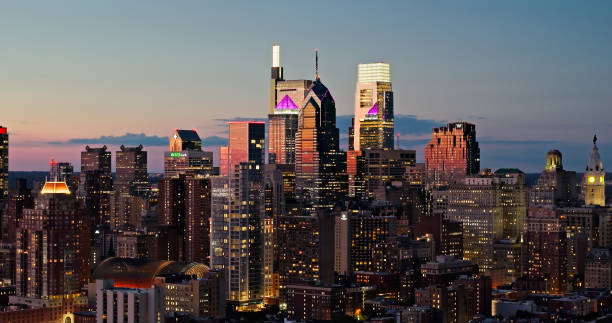 istock Downtown Philadelphia during an Overcast Sunset in Fall - Drone Shot 1836544355
