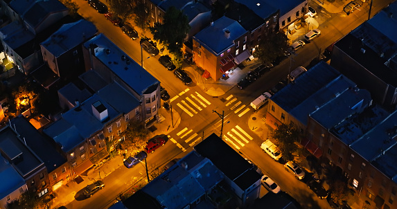 Aerial still image of cross streets in Hawthorne, Philadelphia at night.

Authorization was obtained from the FAA for this operation in restricted airspace.