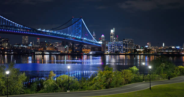 Aerial still image of Benjamin Franklin Bridge with the Philadelphia skyline in the background, on an overcast night in Fall.\n\nAuthorization was obtained from the FAA for this operation in restricted airspace.