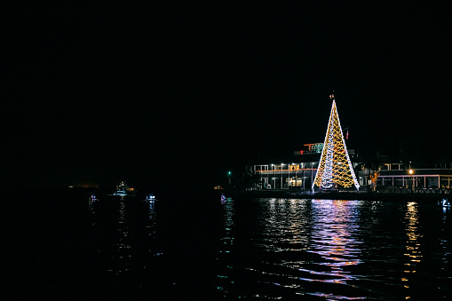 Christmas Tree reflecting on the Harbor at Night in Long Beach, California