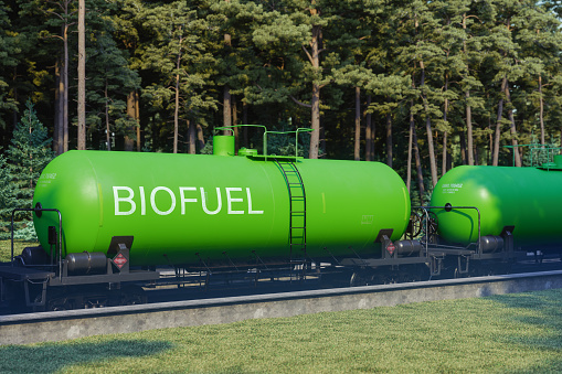 Freight Train With Biofuel Tanks On Railroad. Freight Railroad Transportation And Logistics