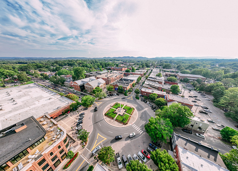 Aerial View of Small American Downtown of Franklin, Tennessee in the Summer