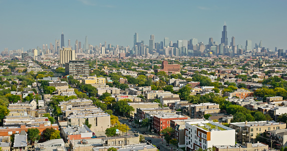 Aerial shot of downtown Chicago, Illinois from over Humboldt Park on a clear day in Fall.