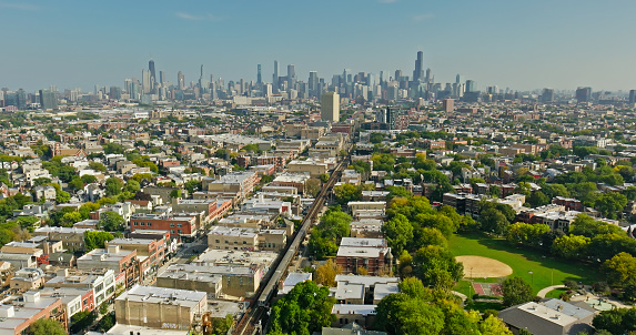 Aerial shot of the downtown skyline from Wicker Park, Chicago, Illinois on a clear day in Fall.